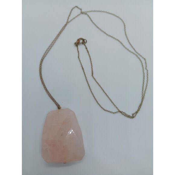 Large Natural Stone 2" Rose Quartz Pendant Silver Tone 30" Chain Necklace - Picture 2 of 6